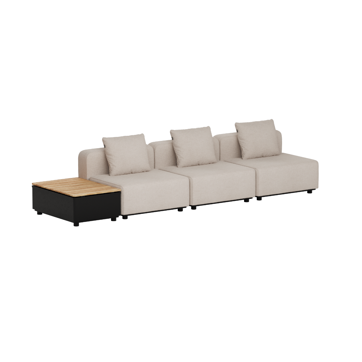 Modulaire beige buitenbank voor drie personen met zwarte basis en geïntegreerde teakhouten patio tafel van sackit voor de tuin en het terras