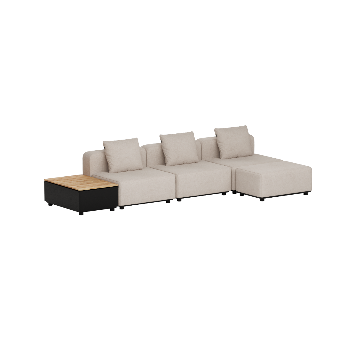 Lichtbeige modulaire loungesofa voor buiten met drie zitplaatsen en chaise longue naast een zwarte opbergtafel met houten blad van sackit
