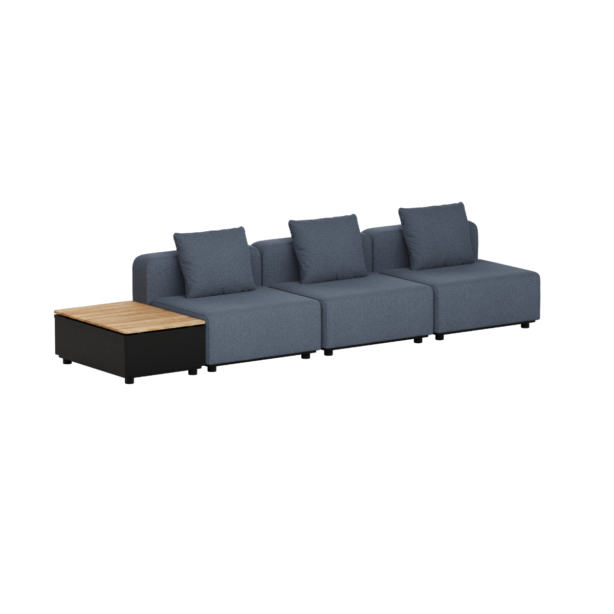 Donkergrijze modulaire loungesofa voor buiten met drie zitplaatsen en zachte rugkussens naast een teakhouten opbergtafel van sackit voor de tuin