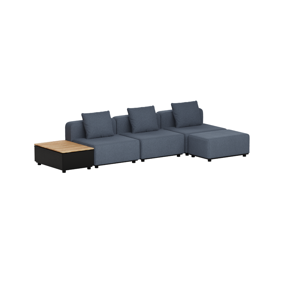Donkergrijze modulaire loungesofa voor buiten met drie zitplaatsen en chaise longue naast een patio opbergtafel met teak houten blad van sackit ontworpen in Denemarken