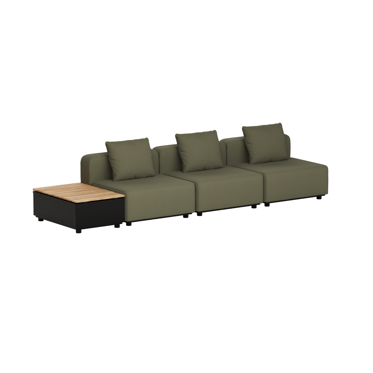 Olijfgroene modulaire Cobana loungebank voor drie personen met zachte kussens en een geïntegreerde opbergtafel met teakhouten blad van sackit