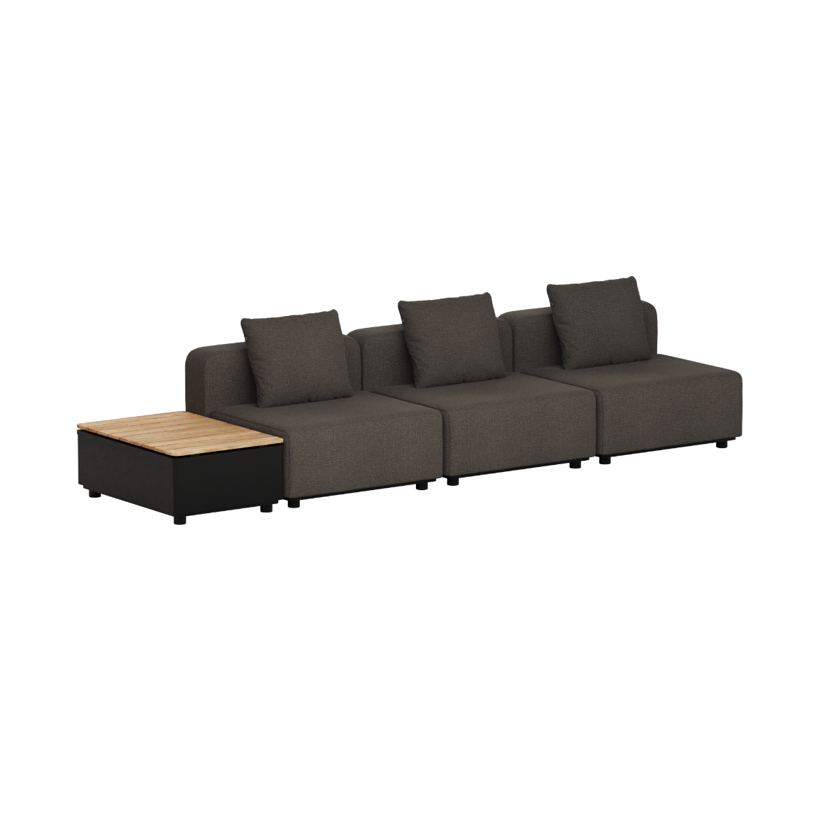 Donkergrijze modulaire outdoor loungebank voor drie personen met drie rugkussens en een aangebouwde houten patio tafel van sackit