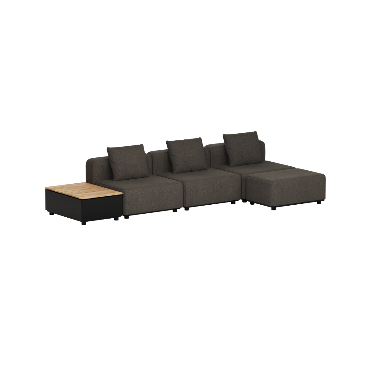 Donkergrijze modulaire loungesofa voor buiten met drie zitplaatsen en teakhouten opbergt
afel van sackit ontworpen in Denemarken voor stijlvol loungen in de tuin