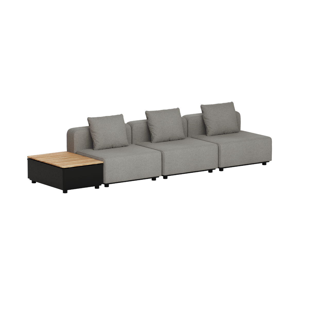 Modulaire grijze loungesofa van sackit met drie zitplaatsen en een geïntegreerde opbergbijzettafel met houten blad voor stijlvolle buitenruimtes
