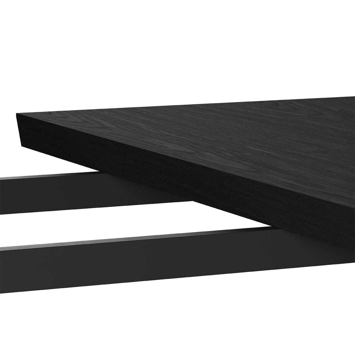 Detail van een zwart gebeitst eiken verlengblad voor de Edge eettafel met zichtbare montage en stevige onderconstructie van sackit