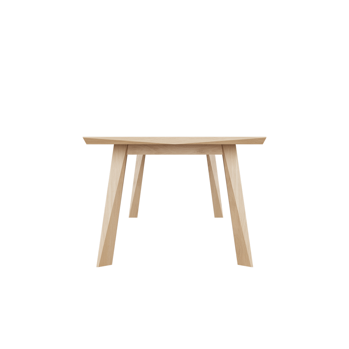 Lichte eikenhouten eettafel van sackit met een strak rechthoekig blad en schuin geplaatste poten met verfijnde facetten tegen een zwarte achtergrond