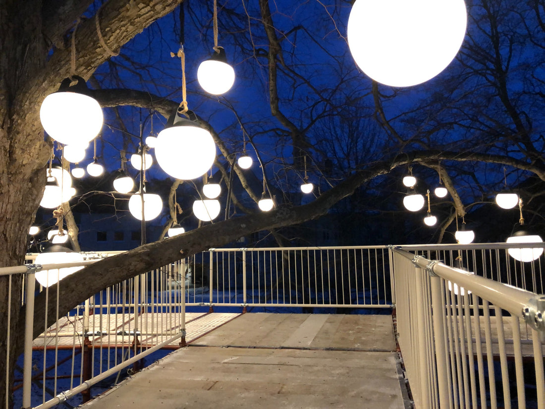 Group installation of SACKit Light lamps by a historic building in Larvik Municipality