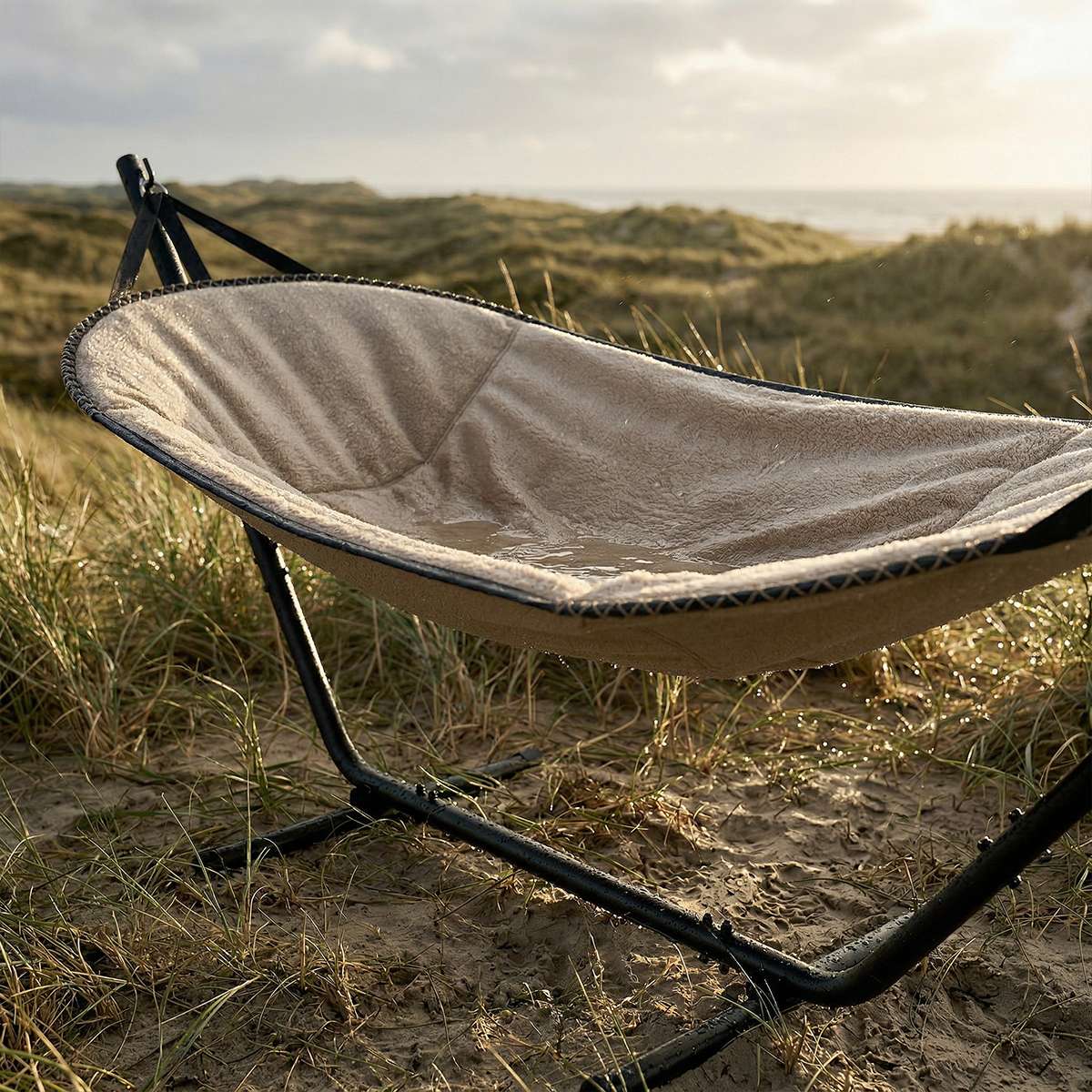 Cobana Hammock hangmat in Boucle Beige / zwart van sackit in een ontspannen loungehoek buiten