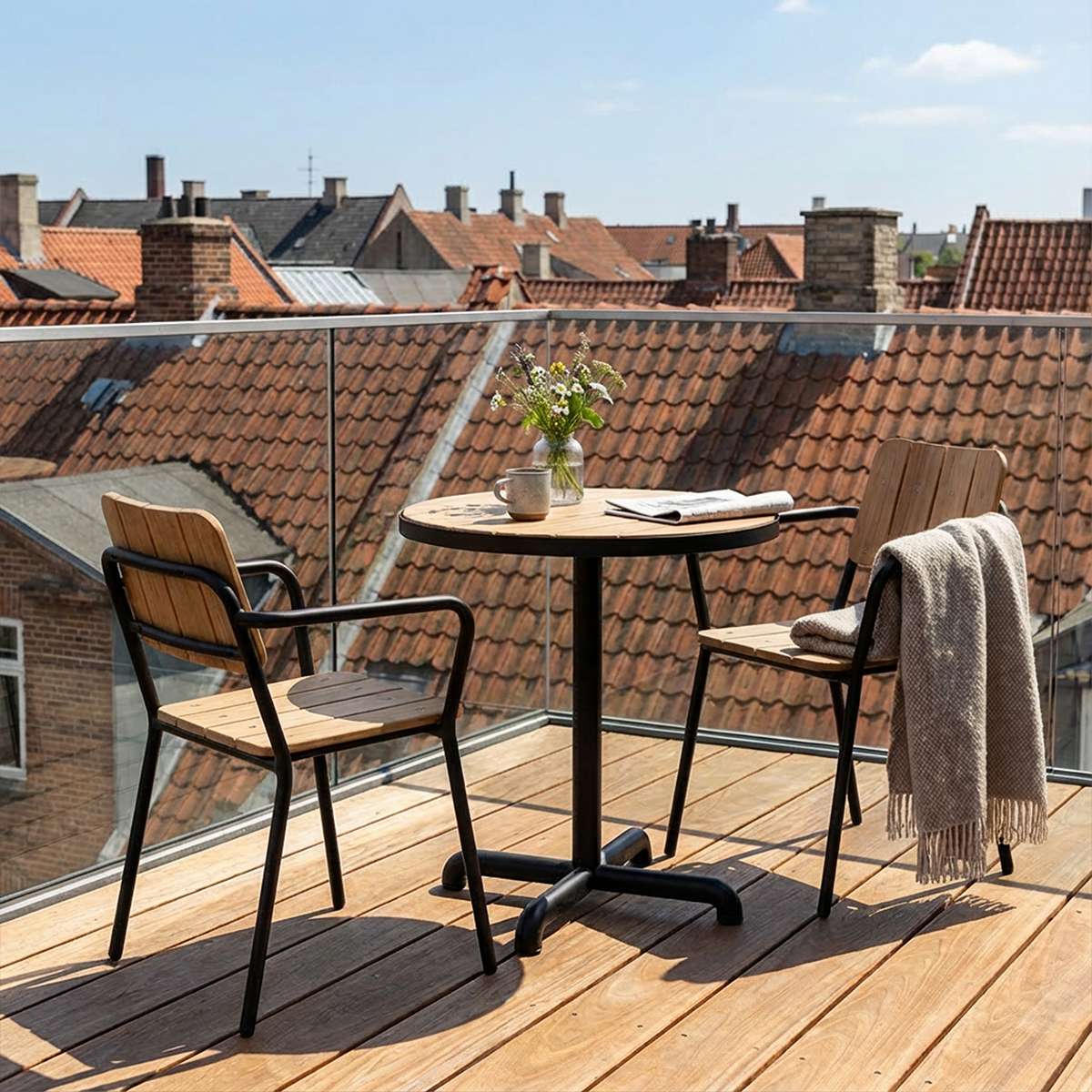 Kirra Café Table in Noir van sackit op een terras