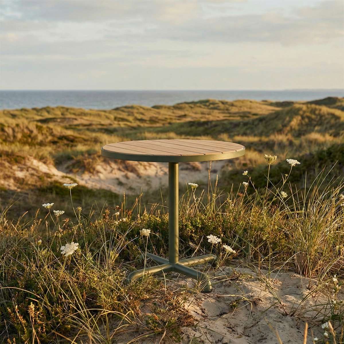 Kirra Café Table in olijfgroen van sackit in een ontspannen loungehoek buiten