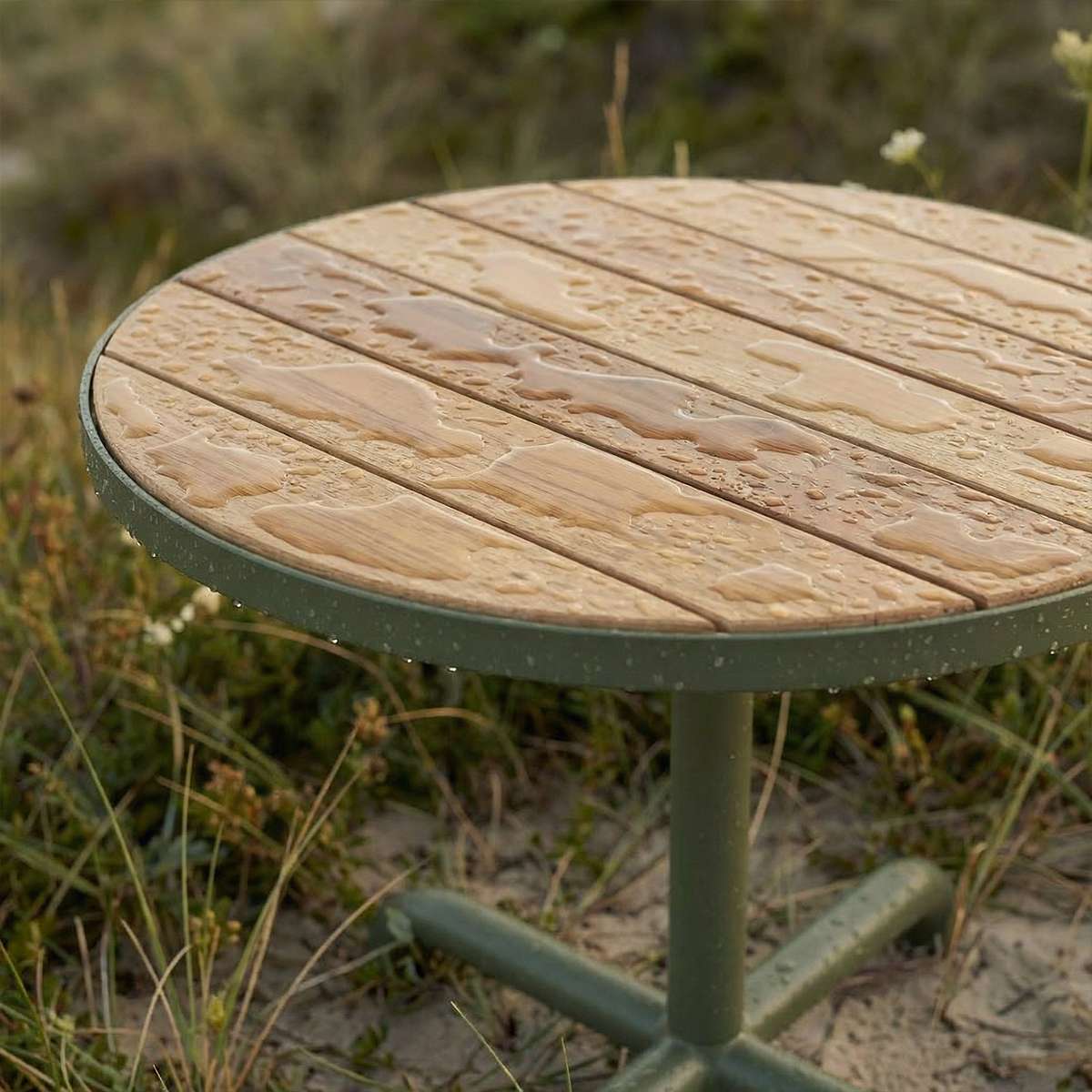 Close-up van het materiaal van Kirra Café Table in olijfgroen van sackit
