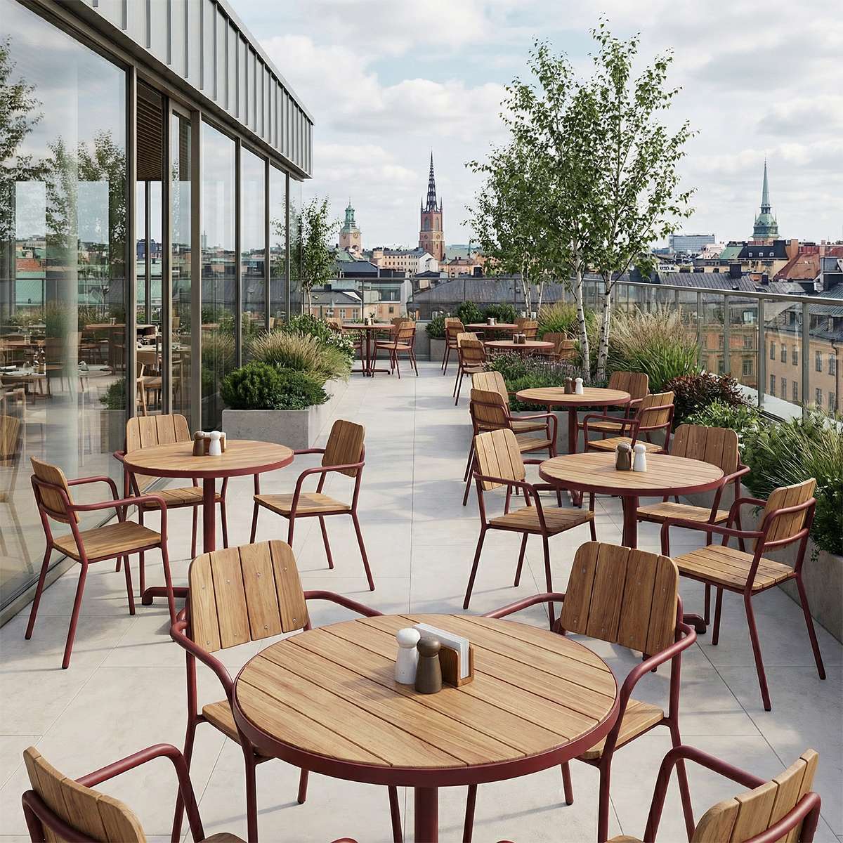 Kirra Café Table in Chestnut van sackit in een buitenomgeving