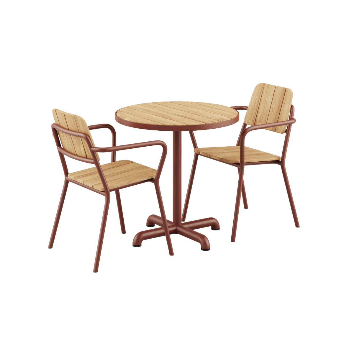 Kirra Cafe Table & 2 Kirra Patio Chair in Chestnut van sackit tegen een neutrale achtergrond