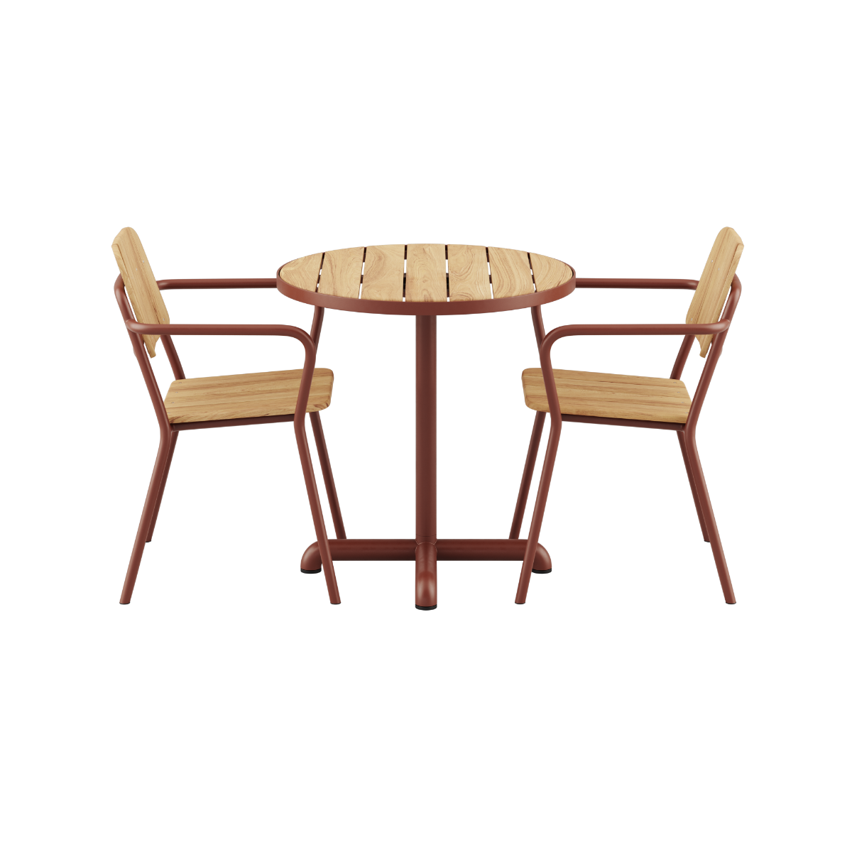 Kirra Cafe Table & 2 Kirra Patio Chair in Chestnut van sackit op een witte achtergrond