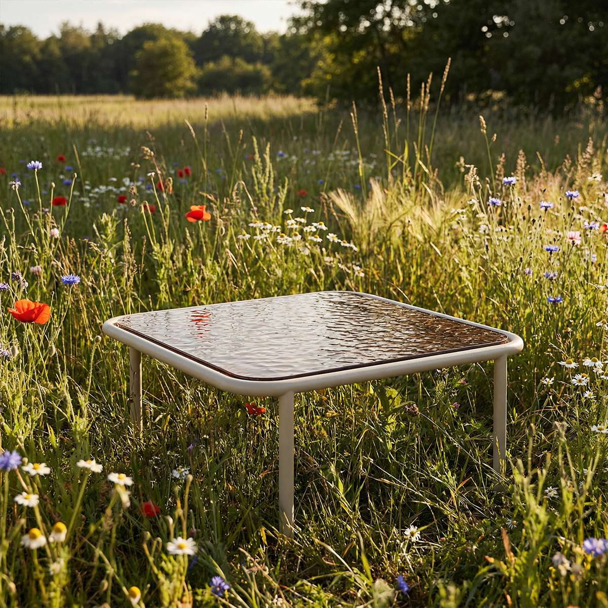 Mollis Coffee Table in Taupe van sackit buiten bij natuurlijk licht