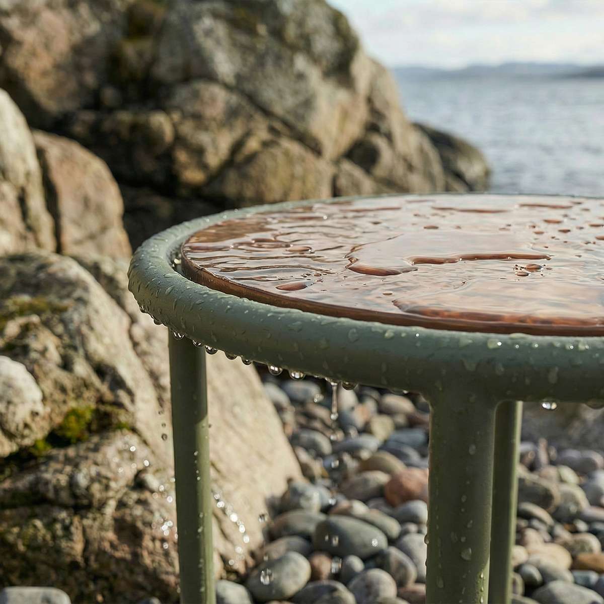 Mollis Side Table Ø50 in olijfgroen van sackit op een terras